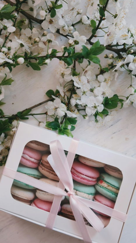 French macarons in white box